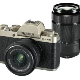 【中古】 FUJIFILM ミラーレス一眼カメラ X-T100ダブルズームレンズキット シャンパンゴールド X-T100WZLK-G