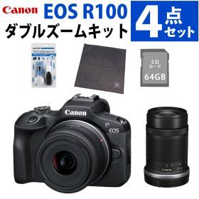 キヤノン ミラーレス一眼カメラ EOS R100 ダブルズームキット デジタルカメラ Wi-Fi Bluetooth 4K動画 RF-S18-45mm RF-S55-210mm SDカード64GB クリーニングキット ラップクッション 付4点セット
